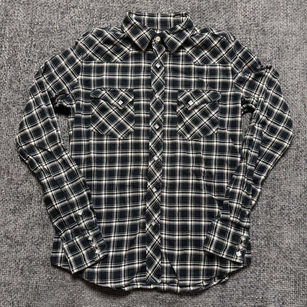Polo Ralph‎ Lauren Sport Western Flannel Shirt Womens 8 Black Plaid Pearl Snap